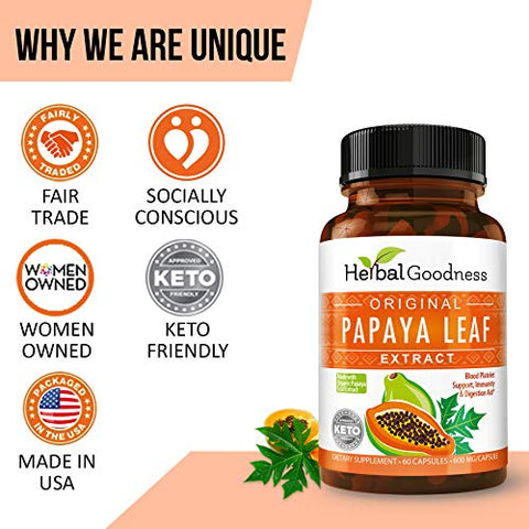 Herbal Papaya - Extrato de Folha de Mamão – Enzimas Digestivas 10X mais Potentes 60/600mg Cápsulas Vegetais – Plaquetas Sanguíneas, Medula Óssea