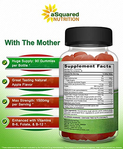 Gomas de Vinagre de Maçã aSquared Nutrition – 1500mg com A Mãe – 90 Gomas de Vinagre de Maçã com Vitamina B6