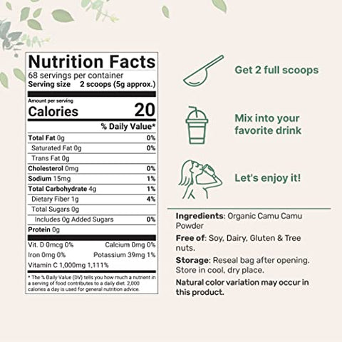 Micro Ingredients - Pó de Camu Camu Orgânico, 340g | Alto Nível de Vitamina C Natural | Fonte de Bagas Frescas Desidratadas por Congelamento | Sem Transgênicos, Adequado para Veganos