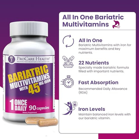 Multivitamínico Bariátrico com Ferro 45mg (90 Cápsulas Fáceis de Engolir) – Vitaminas Pós-Operatórias para Bypass Gástrico e Sleeve, Recuperação Sustentável - ProCare Health
