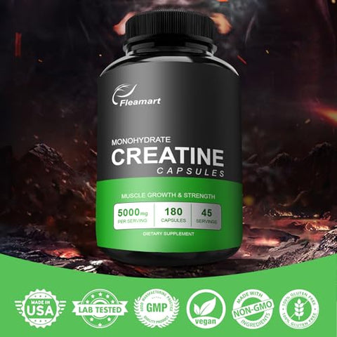 Fleamart - Cápsulas de Monohidrato de Creatina Micronizada, Amigável ao Keto, 5000mg, 180 Cápsulas, Testadas por Terceiros, Fabricadas nos EUA, Livre de OGM e Glúten