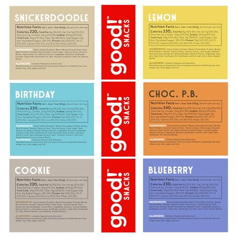 good! - Good! Snacks Vegan Pack com 6 Sabores | Barras de Proteína sem Glúten, à Base de Plantas, Baixo teor de Açúcar, Kosher, Livre de Soja, Não-OGM | 15g de Proteína (12 Barras)