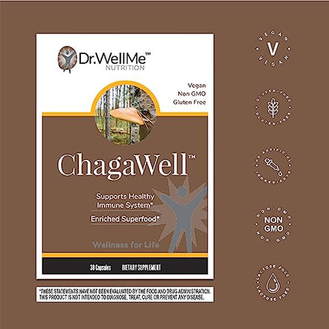 DR WELLME NUTRITION - ChagaWell™ 500mg Cápsulas de Cogumelo Chaga – Foco, Clareza Mental, Reforço Imunológico para Homens e Mulheres, Não-OGM
