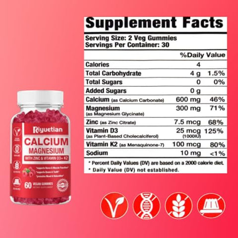 Riyuetian - Gomas de Cálcio Magnésio Zinco com Vitamina D3, Alta Absorção de Zinco para os Ossos – Marca: [Nome da Marca]