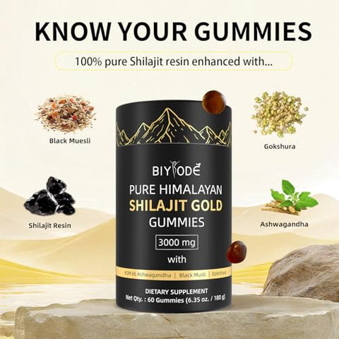 BIYODE - Gummies de Shilajit Puro do Himalaia: Rico em Ashwagandha Gaulshura Ácido Fulvico 85 Micronutrientes Adequado para Homens e Mulheres Sem Açúcar Adicionado Não-OGM 100% Natural Orgânico 60 Gummies
