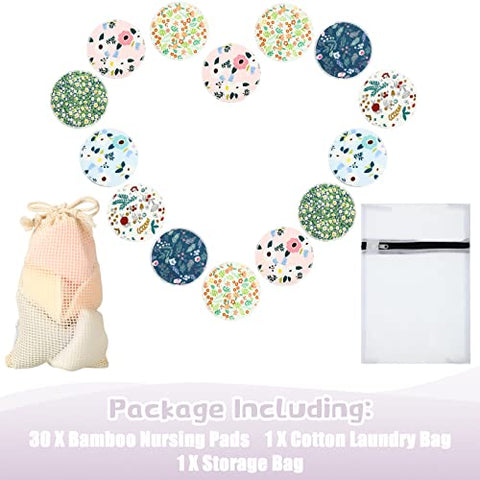 30 Pcs Almofadas de Amamentação Reutilizáveis de Bambu com Bolsa Úmida e de Lavanderia – Pads Florais para Mamilos – Presente para Mães que Amamentam (Padrão Fresco) - Sosation