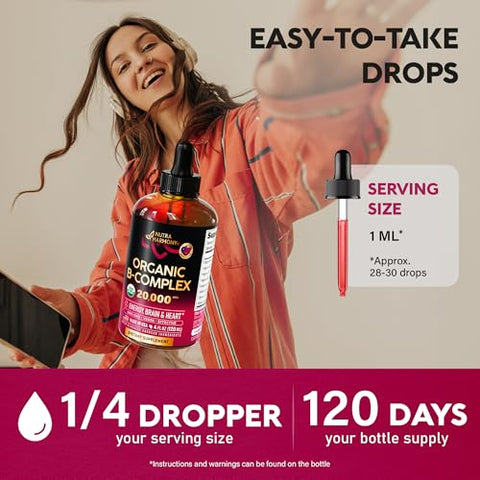 NUTRAHARMONY - Vitamina B-Complexo B5 Ácido Pantotênico | B12 Metilcobalamina | B1 Tiamina | B6 Piridoxina | B7 Biotina | B9 Ácido Fólico | B3 Niacinamida – Gotas Líquidas de Complexo B Orgânico USDA, Feito em