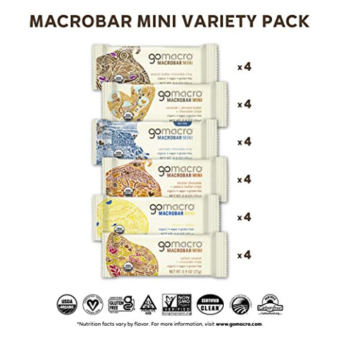 MacroBar Mini – Pack Sortido de Barras de Proteína Vegana Orgânica (24 unidades de 0,9 onças / 25,5 g) - GoMacro