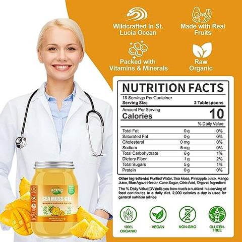 ACEYO - Gel de Musgo do Mar Irlandês Orgânico Cru Vegano Sabor Manga Abacaxi 18 oz (510 g) 102 Vitaminas e Minerais Colhido na Natureza Reforço Imunológico para a Tireoide e Suporte Digestivo