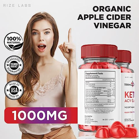 rize labs - Trim Tech Keto Gummies – Gomas Trim Tech Keto ACV Avançadas para Perda de Peso com Vinagre de Maçã – Queima de Gordura Abdominal (60 Gomas)