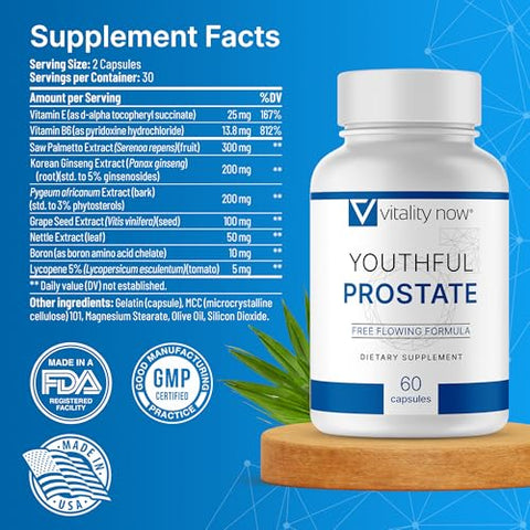 Vitality Now - Juventude Prostática – Saw Palmetto para Homens, Aumenta a Energia com Panax Ginseng, Proteção Antioxidante, Vitamina E, Licopeno, Promove Vitalidade e Bem-Estar – Prostática Juvenil