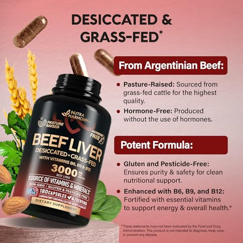 NUTRAHARMONY - Cápsulas de Fígado Bovino 3000 mg – Fígado Bovino Desidratado Orgânico – Criado a Pasto, Livre de Pesticidas