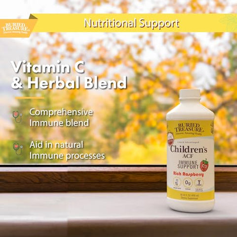 ACF Infantil Avançado Suporte Imunológico, Sabor Cereja, 473ml c/ Copo Dosador, Reforço Imunológico para Crianças, Fórmula Líquida de Imunidade Herbal c/ Vitamina C e Sabugueiro - Buried Treasure