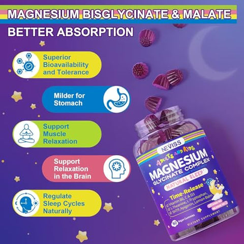 NEVISS - Gomas de Magnésio Glicinato para Adultos – Saúde e Bem-Estar | 60 g