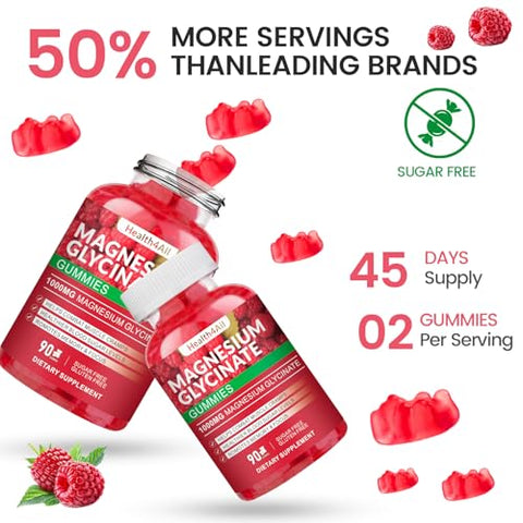 Health4All - Gomas de Magnésio Glicinato 1000mg, Alta Absorção Sem Açúcar, Suplemento de Magnésio e Potássio para Relaxamento, Alívio do Estresse e Suporte ao Sono para Adultos