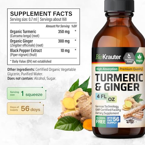 BIO KRAUTER - Tintura de Cúrcuma e Gengibre – Suporte Imunológico com Curcumina – Gotas Veganas – Fórmula com Pimenta Preta – 118 ml