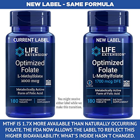 Folate Otimizado (L-Metilfolato) 1700 mcg DFE, 180 Comprimidos Vegetais - Life Extension