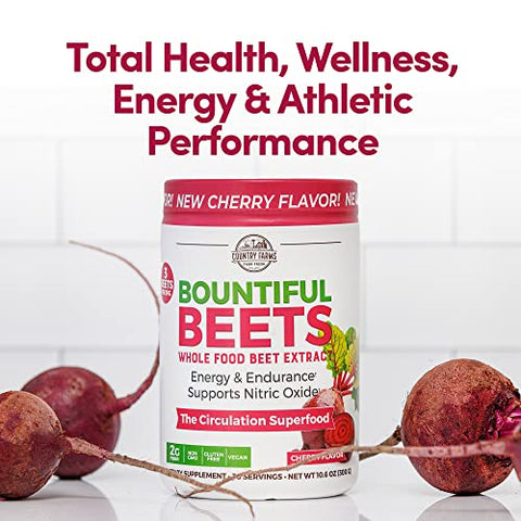 Bountiful Beets em Pó, Extrato de Beterraba Integral, Superfood Natural, Impulsionador de Óxido Nítrico, Ajuda a Promover Circulação Saudável e Energia, Estimulante Natural, Sabor Cereja - COUNTRY FARMS
