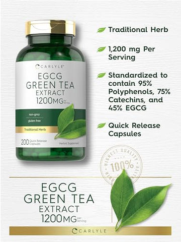 Extrato de Chá Verde EGCG | 1200mg | 200 Cápsulas | Livre de Transgênicos e Glúten - Carlyle