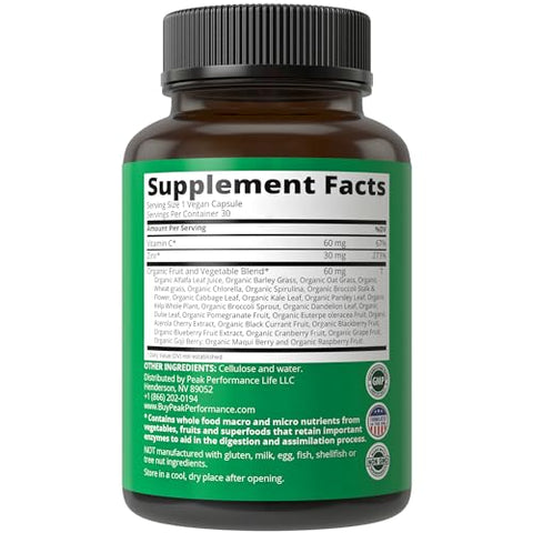 Peak Performance - Suplemento Vegano de Zinco com Vitamina C – Mistura de Alimentos Integrais de 25 Vegetais e Frutas para Máxima Absorção. Cápsulas de Zinco 30mg, Comprimidos, Vitaminas para Adultos