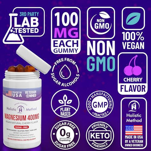 Holistic Method - Gomas de Magnésio Citrato Sem Açúcar – 120 Unidades Sabor Cereja para Melhor Sono e Relaxamento – Livre de Açúcar, Gelatina e Glúten – Sem Álcool Açucarado – para Adultos e Crianças