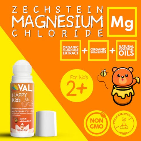 Magnesium, Roll-on Aplicador, Fórmula Relaxante para Crianças, Cloreto de Magnésio Zechstein, Camomila, Manteiga de Karité e Óleos Essenciais Naturais para Auxiliar o Sono Infantil, Suporte - VAL