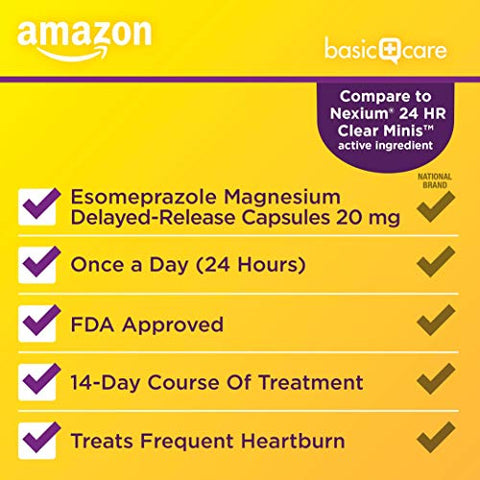 Esomeprazol Magnésio Cápsulas Mini de Liberação Prolongada, 20 mg, Redutor de Ácido, Medicamento para Azia de 24 Horas, 42 Unidades - Amazon Basic Care