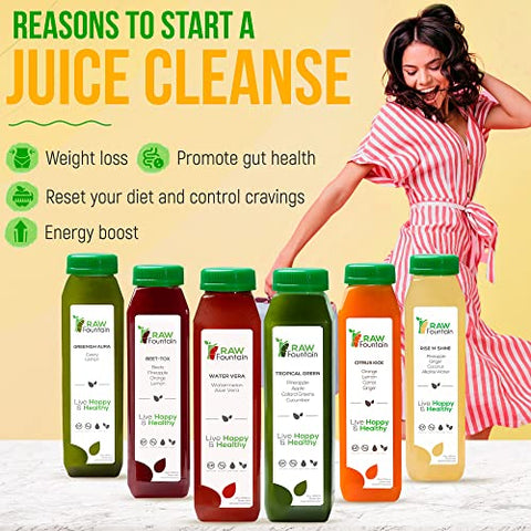 3 Day Juice Cleanse Raw Fountain – Sabores Tropicais, Sucos Naturais e Preparados a Frio de Frutas e Vegetais, Desintoxicação, 18 Garrafas 355ml, 3 Shots de Gengibre Extra