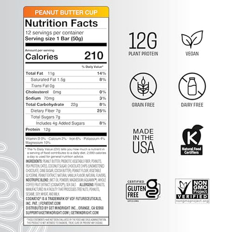 mindright - Mindright Superfood Barra de Proteína Vegana | Sem Glúten, Não-Transgênica, Baixo Teor de Açúcar | Snack Cerebral para Melhorar o Humor, Energia e Foco | Pacote com 12 (Peanut Butter Cup)