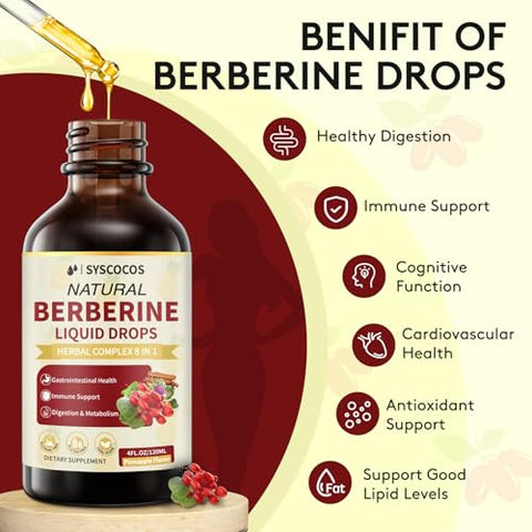 SYSCOCOS - Berberine Líquido 8 em 1 – 118 ml Suplemento Orgânico Berberine HCL Complexo com Cúrcuma, Melão Amargo, Cardo de Leite, Canela do Ceilão para Imunidade, 98%