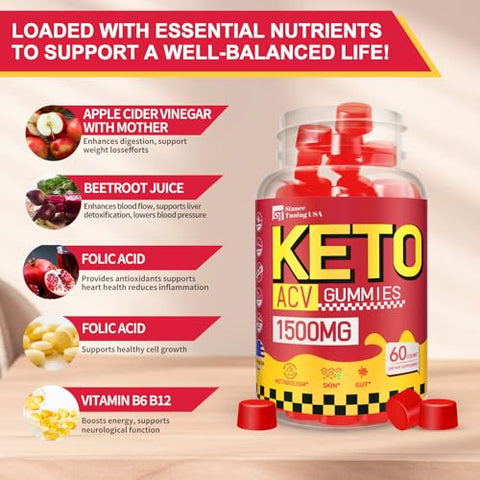 Stance Tuning USA - Keto ACV Gummies – Gomas de Vinagre de Maçã Orgânico 1500mg com Mãe – Suporte Detox – Sem Açúcar – Para Mulheres e Homens