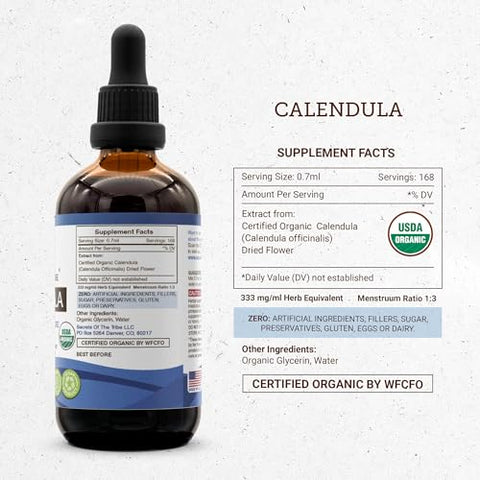 Secrets of the Tribe - Segredos da Tribo Calêndula Orgânica Certificada USDA | Extrato Livre de Álcool, Gotas Herbais de Alta Potência | Feito a partir de Flor de Calêndula Orgânica Certificada (Calendula Officinalis) Seca