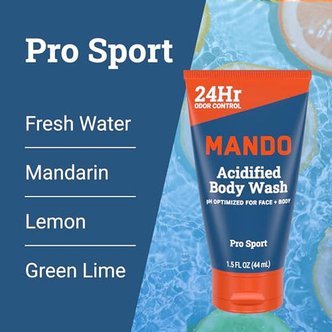Mini Body Wash – Controle de Odor 24 Horas – Remove Odor Melhor que Sabonete – Tubos de 1,5 Ounce (Embalagem com 4, em 4 fragrâncias: Bourbon Leather, Pro Sport, Mt Fuji, Sem Fragrância) | Mando - Mando