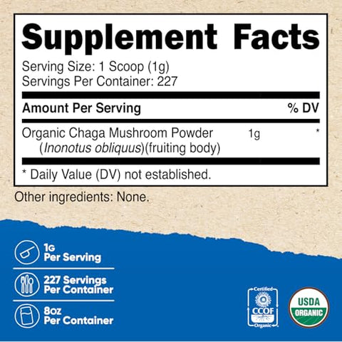 Pó de Cogumelo Chaga Orgânico 100%% 8oz (227 Porções) – Certificado Orgânico USDA, Livre de Glúten - Nutricost