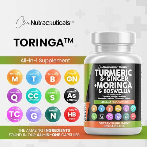 Clean Nutraceuticals - Turmeric Curcumin 30000mg Ginger 3000mg Moringa 50000mg Boswellia 3000mg Saffron 2000mg – Suporte Articular para Mulheres e Homens com Canela do Ceilão, Quercetina, Cereja Azeda