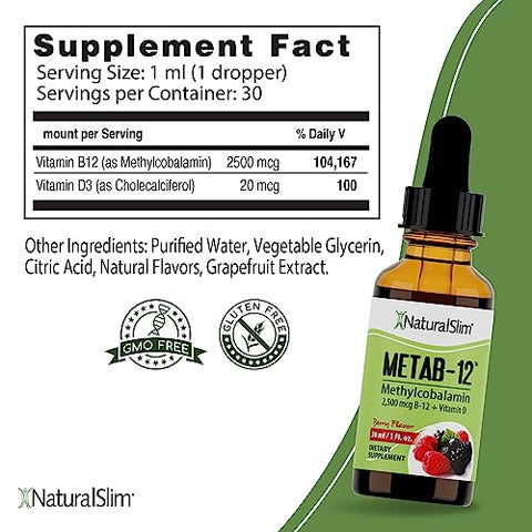Metab-12 – Suplemento Sublingual de Vitamina B12 Líquida 2500 mcg com Gotas Orais de Vitamina D3 – B12 Methylcobalamin para Metabolismo - NaturalSlim