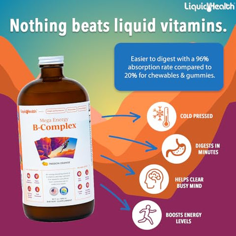 Mega Energy B-Complex Líquido – Aumente a Energia, Alivie o Estresse – Vitaminas Líquidas para Adultos - LIQUIDHEALTH