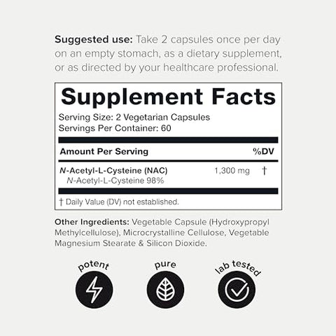 1300mg NAC – Suprimento de 2 Meses – Pureza Testada Mín. 98%% – Suplemento de Cisteína NAC de Alta Potência e Bioacessível – 120 Cápsulas Vegetarianas de N Acetil Cisteína – Testado em Laboratório TQ - Toniiq