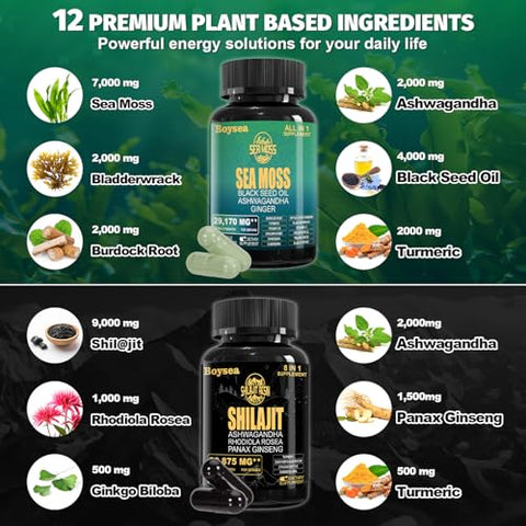 Shilajit e Sea Moss Bundle – Sea Moss (7000mg), Ashwagandha (2000mg), Óleo de Semente Preta (4000mg), Gengibre | Boysea - Boysea