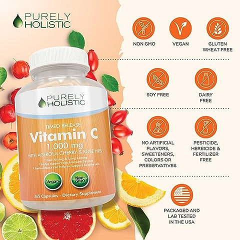Vitamina C 1000mg Purely Holistic, 365 Cápsulas, 12 Meses de Suprimento, Liberação Gradual em 2 Etapas com Ácido Ascórbico e Rosa Mosqueta
