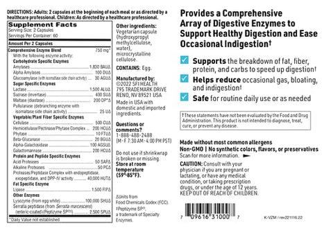 Enzimas Digestivas Completas Vital-Zymes para Auxiliar na Digestão e Quebra de Proteínas, Peptídeos, Carboidratos, Açúcares e Gorduras – 60 cápsulas - Klaire Labs