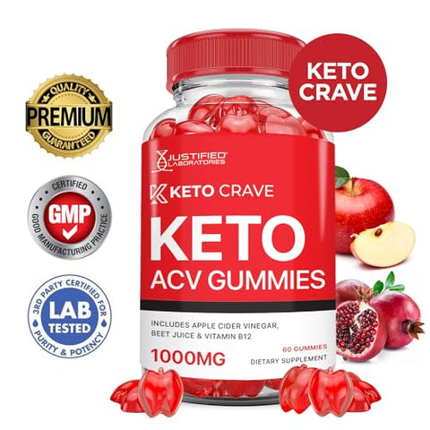 Justified Laboratories - (5 Pacotes) Keto Crave Gomas de Keto ACV Fórmula Avançada 1000MG Keto Crave Gomas de Keto com Vinagre de Maçã Formuladas com Suco de Romã e Beterraba em Pó B12 Vegano Não GMO 300 Gomas