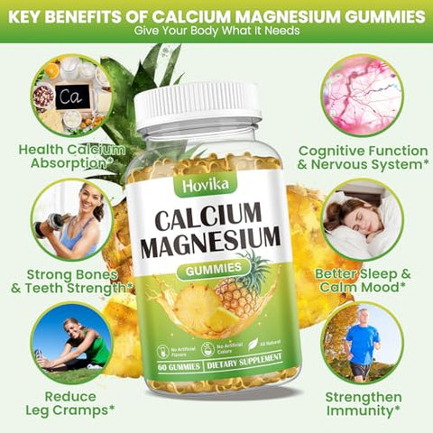 Hovika - Gomas de Cálcio Magnésio Zinco, Relação Cálcio Magnésio 2:1 com Vitamina D3, K2, B6, B12 para Fortalecimento Ósseo, Função Muscular