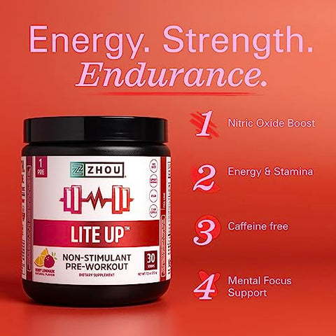 ZHOU - Zhou Nutrition Lite Up: Pó pré-treino sem estimulantes, impulsionador de óxido nítrico sem cafeína, sem adição de açúcar, vegano, sem glúten, não transgênico, sabor limonada de frutas vermelhas, 210g