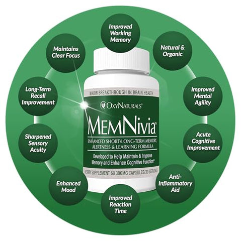 OxyNaturals - MemNivia – Suplemento para Memória, Foco e Pensamento Afiado – Ingredientes Premiados e Comprovados Clinicamente – 90 Porções (3 Frascos)