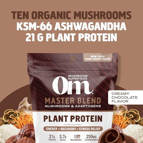 Mushroom Superfood Master Blend – Pó de Proteína à Base de Plantas, 19,26 Onças (545g), 16 Porções, Saboroso Chocolate Cremoso com Complexo de 10 Cogumelos, Leão Mane, Adaptógenos para Ótimo Desempenho - OM