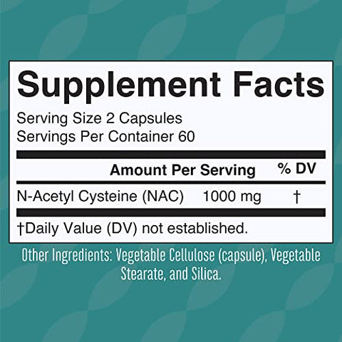 Cápsulas de Suplemento Nutricional, N-Acetil Cisteína, 2 Meses de Fornecimento, NAC 1000mg por Porção, Vegano, Não-OGM, Sem Glúten, 120 Unidades - MaryRuth Organics