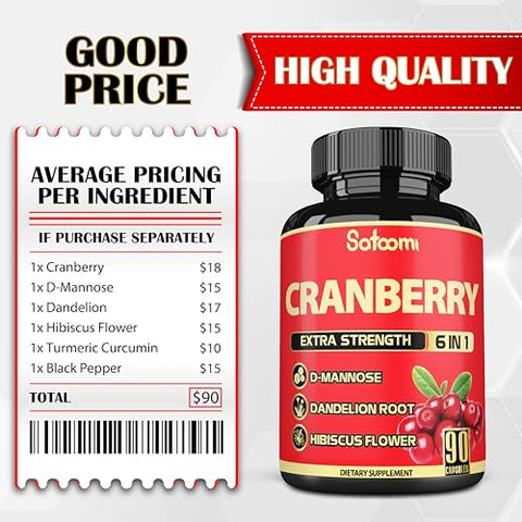 6 em 1 Cápsulas de Cranberry para Mulheres – Fornecimento de 3 Meses – Extrato de 6 Ingredientes Herbais – 90 Cápsulas Vegetais - Satoomi