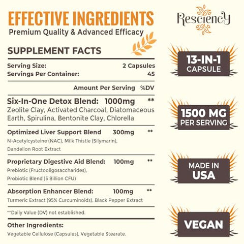 Resciency - 1500 MG Suplemento Desintoxicante – Carvão Ativado, Zeólita, Argila Bentonita – Fígado