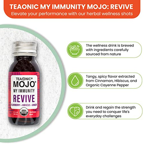 My Immunity Mojo: Revive, Suco Herbal com Sabugueiro, Hibisco e Gengibre, Orgânico Certificado pelo USDA, Vegano, Sem Glúten, 12 Pacotes, 60 ml Cada (12x60ml) - TEAONIC